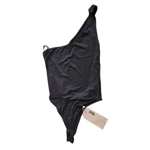 Black Stradivarius STR Women's Asymmetric One Shoulder Bodysuit
